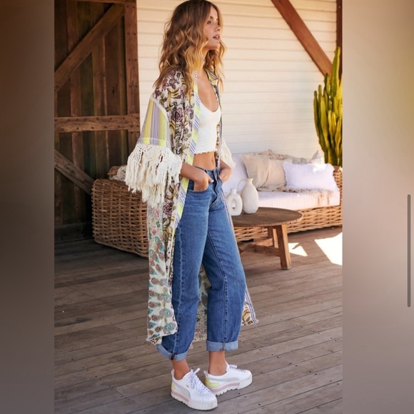 FREE PEOPLE Watching Waves Maxi Shirt / Aquamarine Combo - Picture 3 of 13